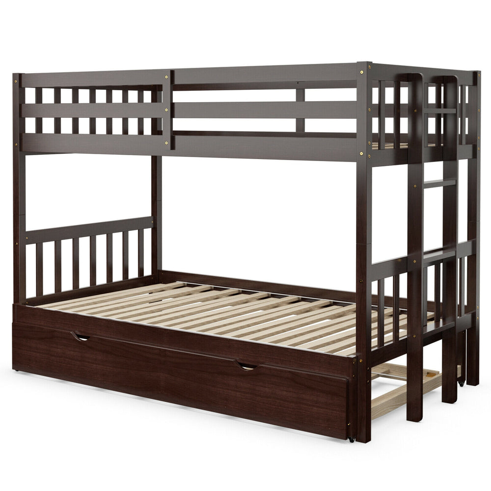 Twin pull-out bunk bed in espresso with wooden ladder and trundle, featuring full-length guardrails for safety.