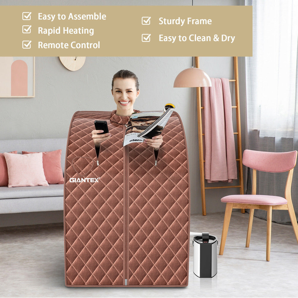 Portable personal steam sauna tent with waterproof fabric, 3L steamer, and folding chair for easy home health care.