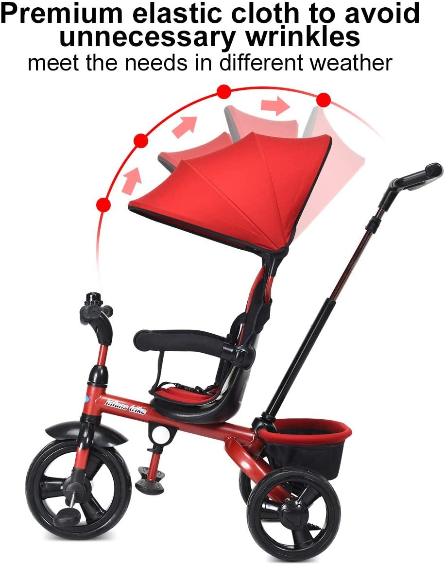 Red 4-in-1 kids tricycle showcasing the premium elastic canopy designed to prevent wrinkles and provide UV protection.