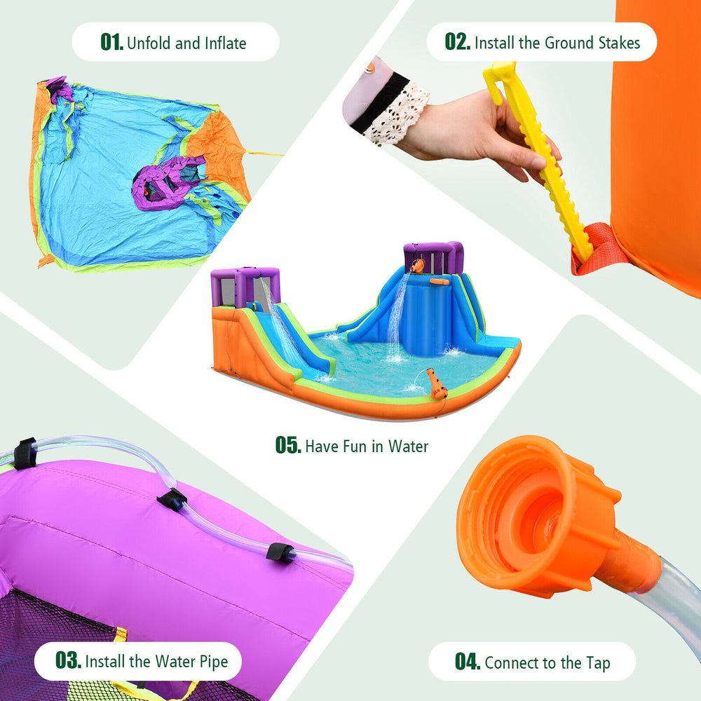 Inflatable dual water slide bounce house with water sprayers, climbing wall, and built-in water guns for summer fun.