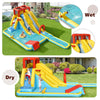 Inflatable dual slide water park with climbing wall, basketball hoop, and swimming pool for outdoor fun.