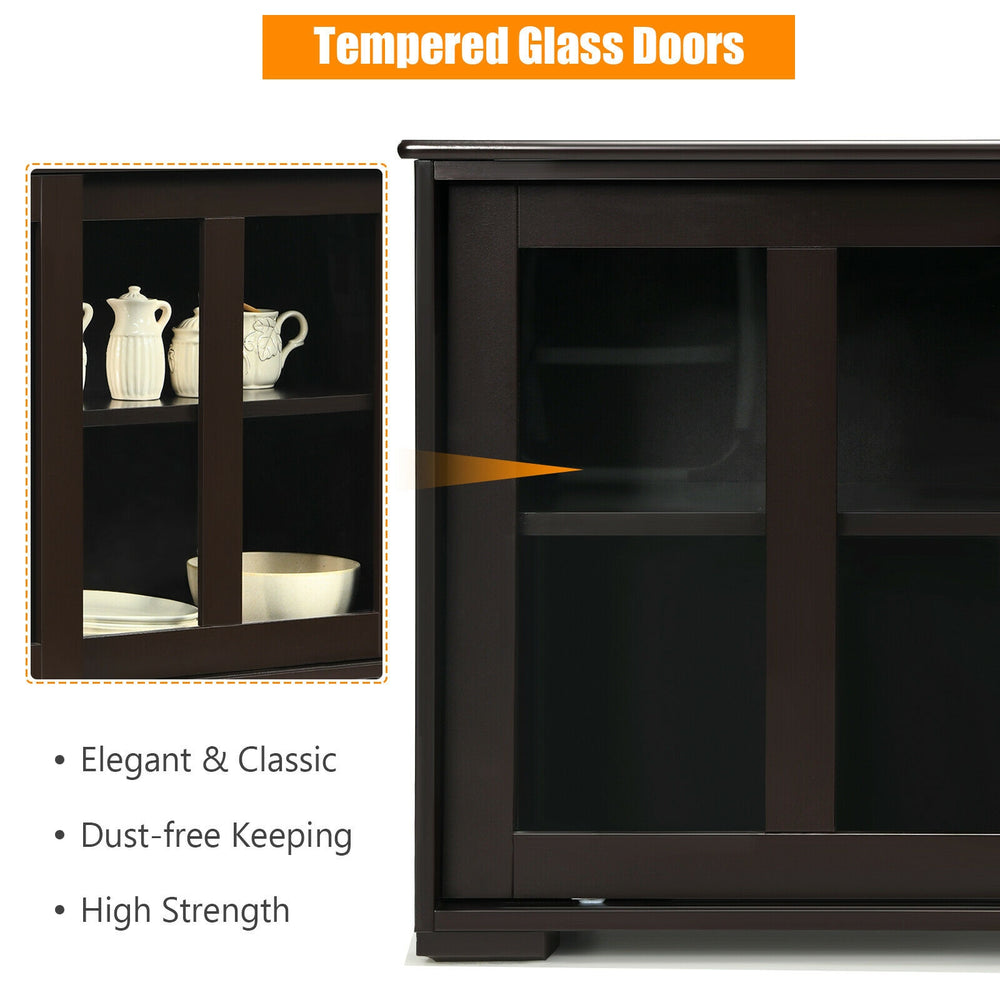 Brown sideboard buffet cupboard with sliding tempered glass doors, showcasing two shelves for storage and display.