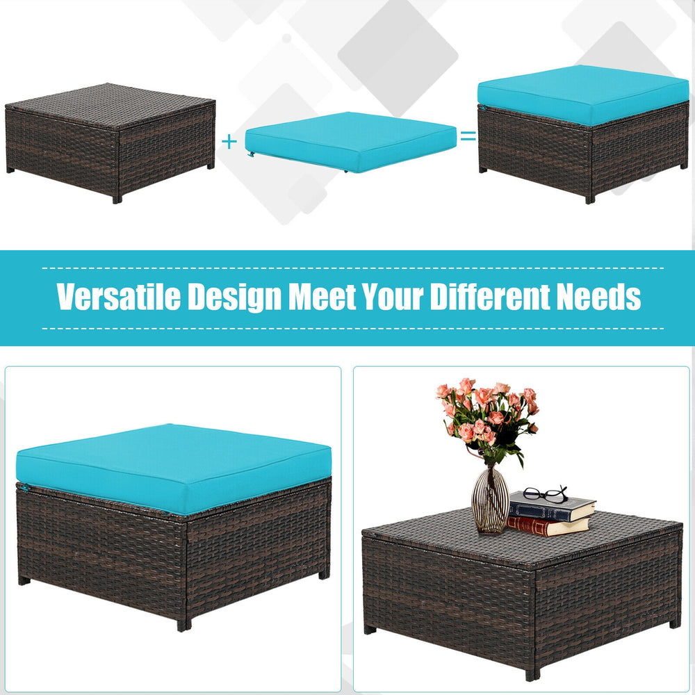 Turquoise cushioned ottoman from a 5-piece patio furniture set, versatile for use as a coffee table or extra seating.