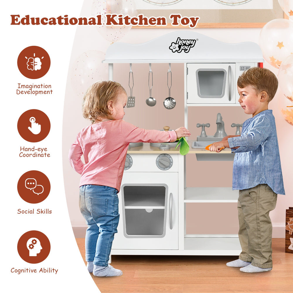 Wooden pretend play kitchen set for kids featuring an oven, sink, and stove, promoting imaginative play and social.