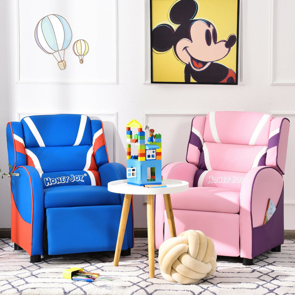 Kids leather recliner chair in pink with ergonomic design, featuring high-elastic foam cushions and convenient side.