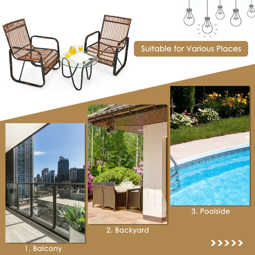 3-piece patio rattan furniture set featuring 2 wicker chairs and a glass side table, perfect for outdoor relaxation.
