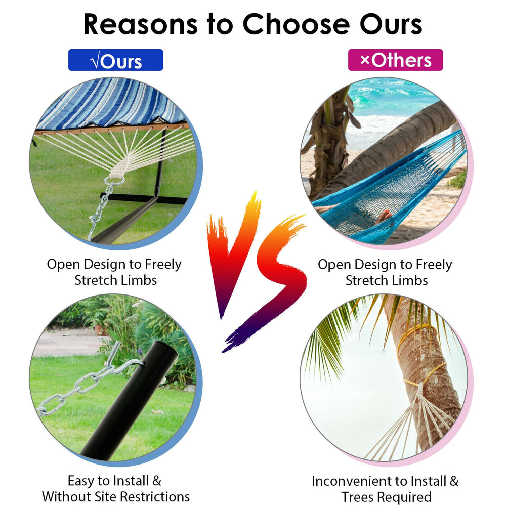 Hammock chair stand set with soft cotton swing, stable steel frame, and pillow for indoor or outdoor relaxation.