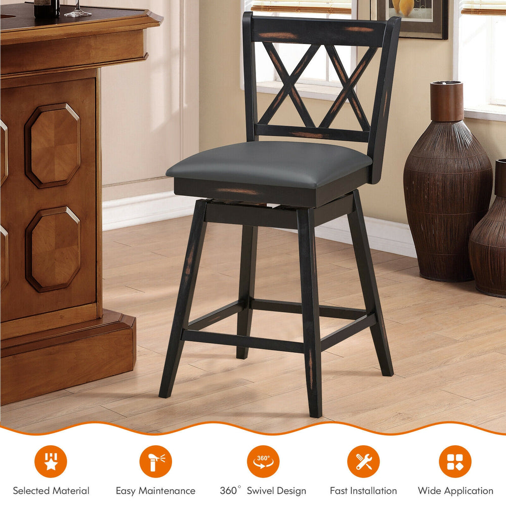 Black 24-inch swivel counter height barstool with rubber wood legs, featuring a comfortable PVC seat for versatile use.