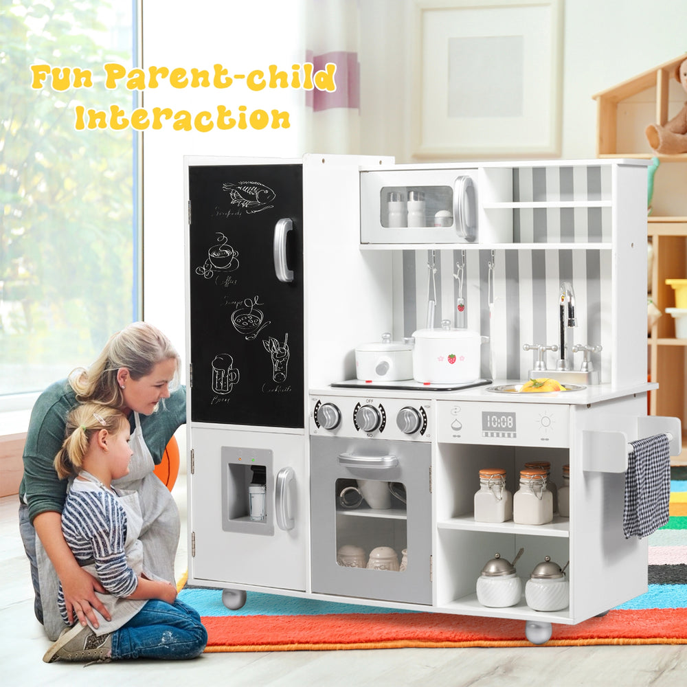 Wooden pretend play kitchen set featuring a stove, sink, and refrigerator, designed for interactive parent-child fun.