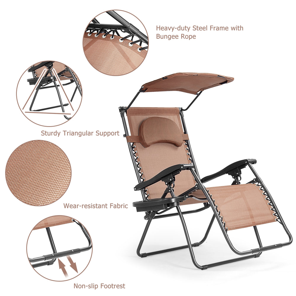 Folding recliner lounge chair in brown with adjustable sun shade canopy and cup holder, perfect for outdoor relaxation.