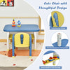 Kids activity table and chair set in blue with dinosaur design, featuring a spacious desktop and bottom storage shelf.