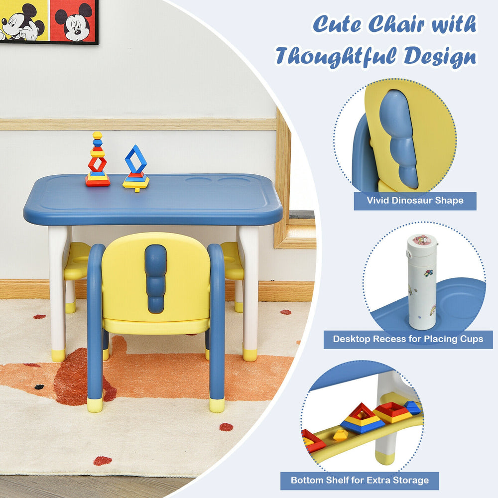 Kids activity table and chair set in blue with dinosaur design, featuring a spacious desktop and bottom storage shelf.