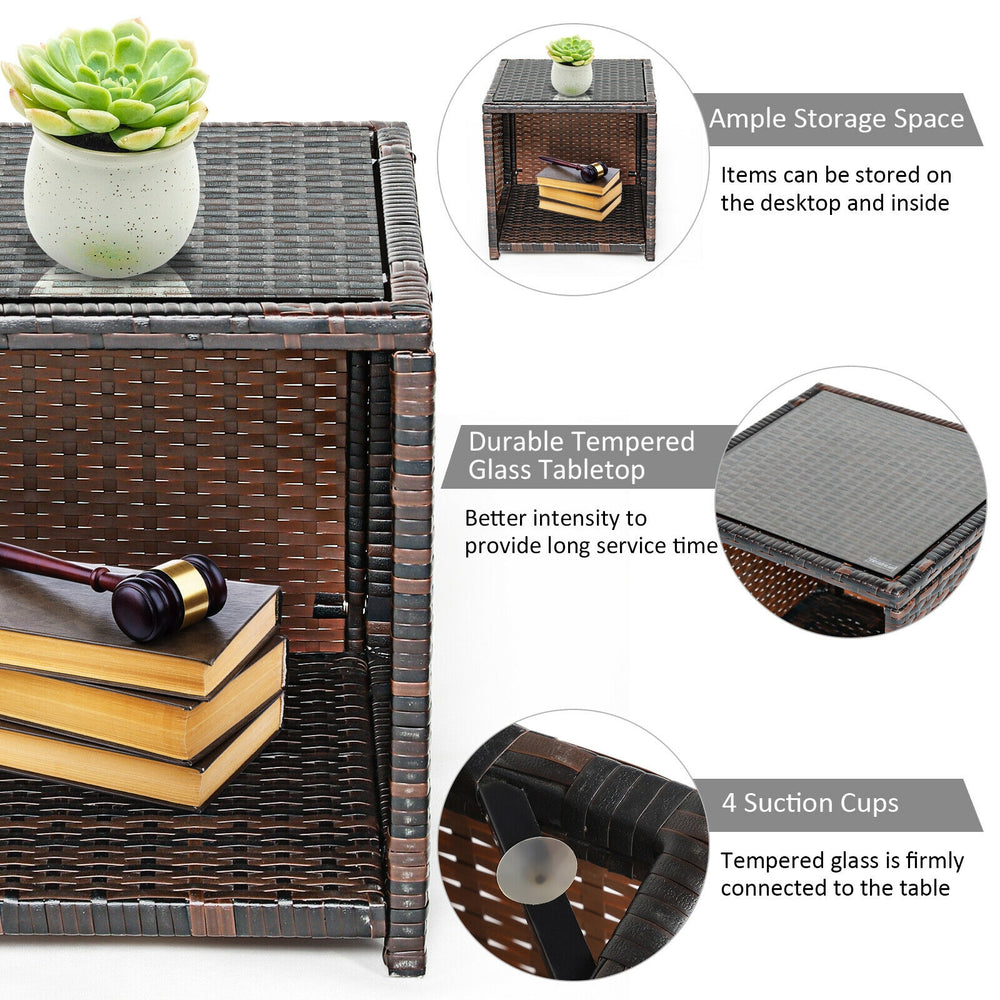 PE rattan coffee table with tempered glass top and ample storage, perfect for garden or patio use.