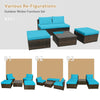 5-piece patio rattan furniture set with turquoise cushions, featuring armless sofas and a coffee table for outdoor.