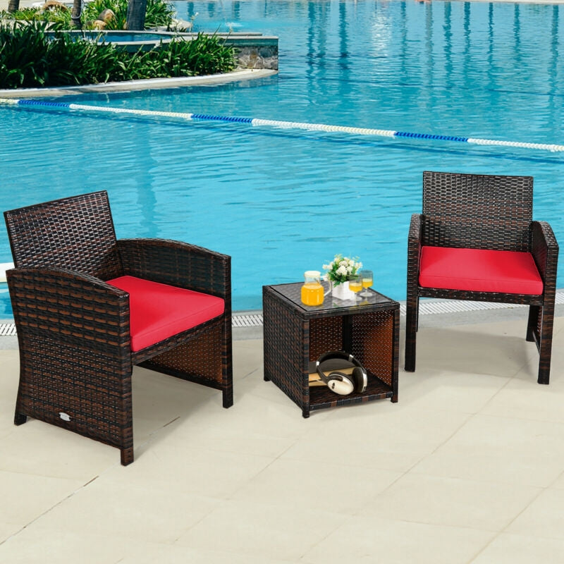 3 Pieces PE Rattan Wicker Furniture Set with Cushion Sofa Coffee Table for Garden-Red - Gallery View 1 of 12
