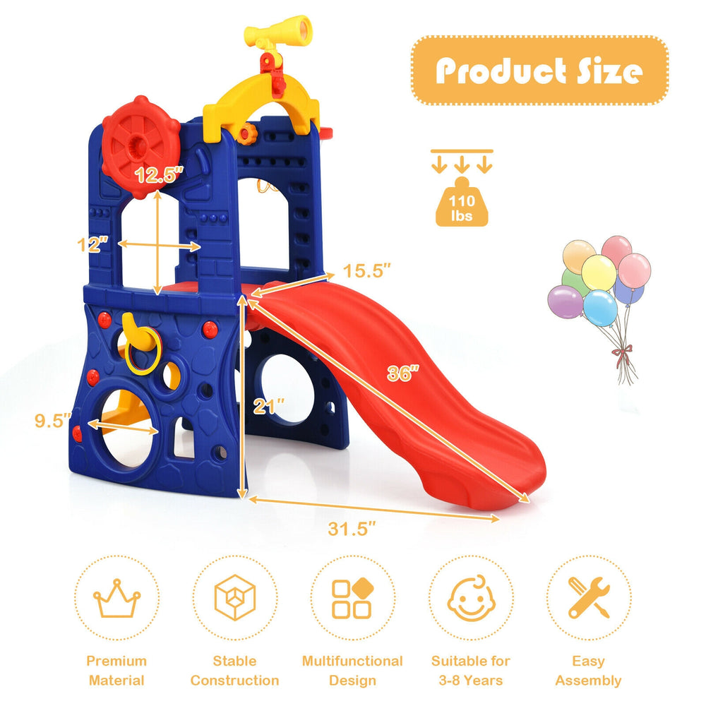 Freestanding kids slide with basketball hoop, made of HDPE, 36" tall, suitable for ages 3-8, for indoor and outdoor fun.