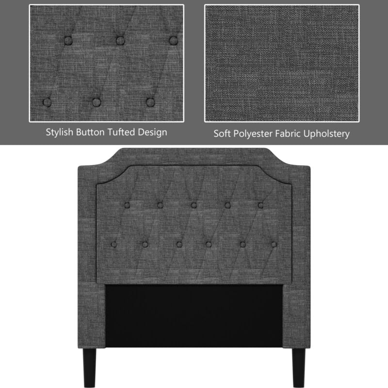 Upholstered twin bed with button-tufted headboard in gray fabric, featuring sturdy wood slats and under-bed storage.