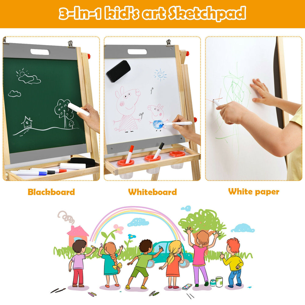 Kids art easel featuring a blackboard, whiteboard, and paper roll for creative activities, height-adjustable for ages.