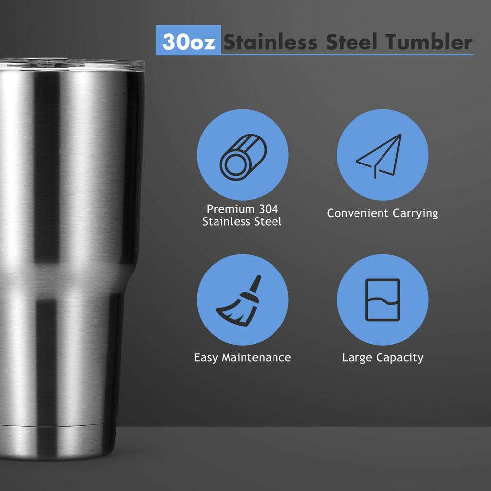 30oz stainless steel tumbler with double wall vacuum insulation, designed for easy carrying and temperature retention.