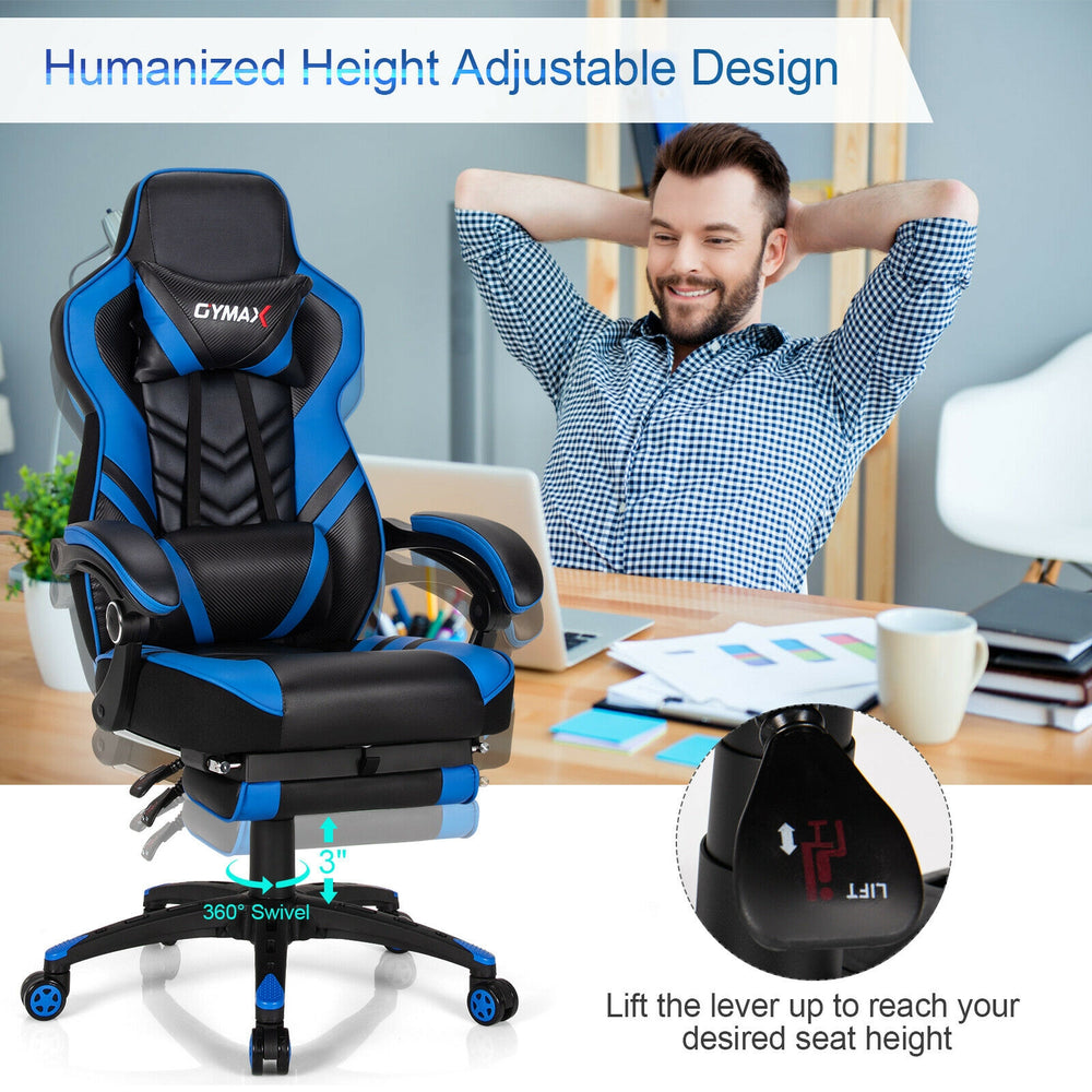 Adjustable gaming chair in blue with retractable footrest, ergonomic design, and 360-degree swivel for home office use.