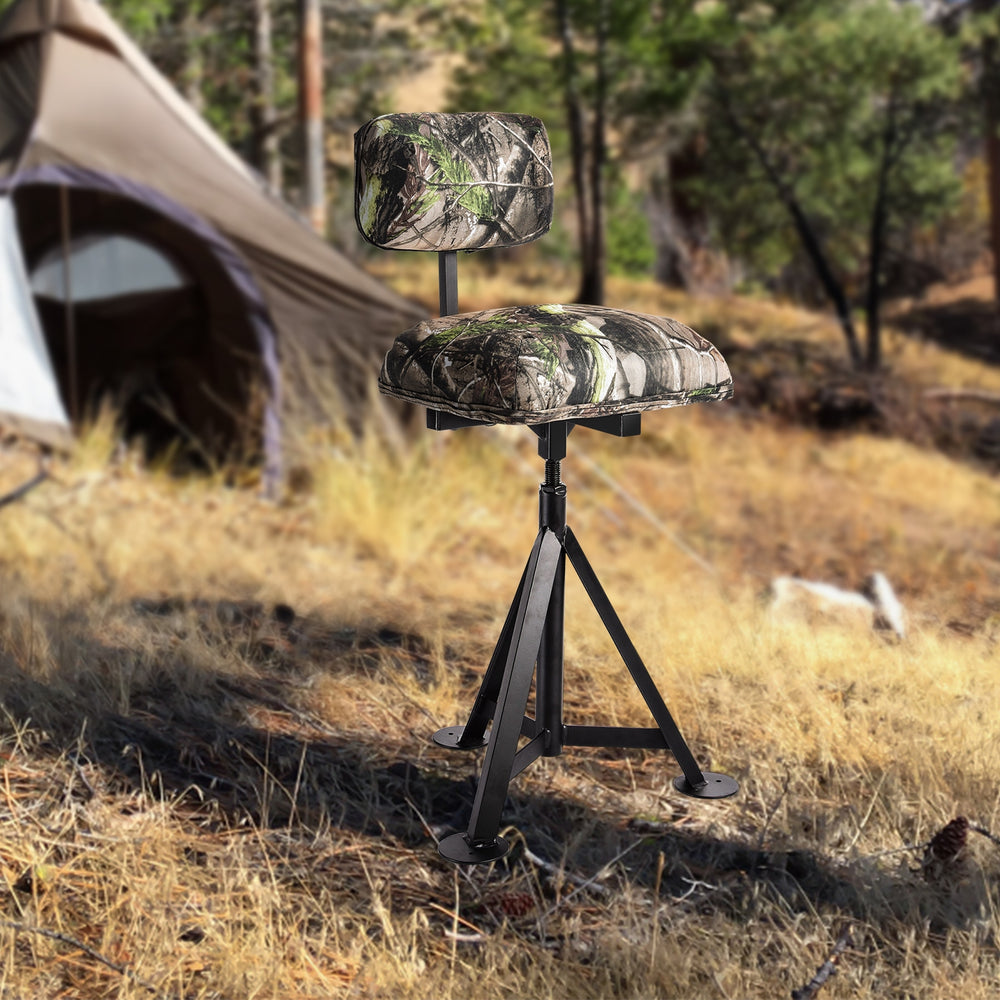 Swivel hunting chair with camouflage fabric, adjustable legs, and detachable backrest for outdoor comfort and stability.