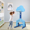Toddler playing with the blue 3-in-1 basketball hoop set, featuring adjustable height and stable triangle structure for.