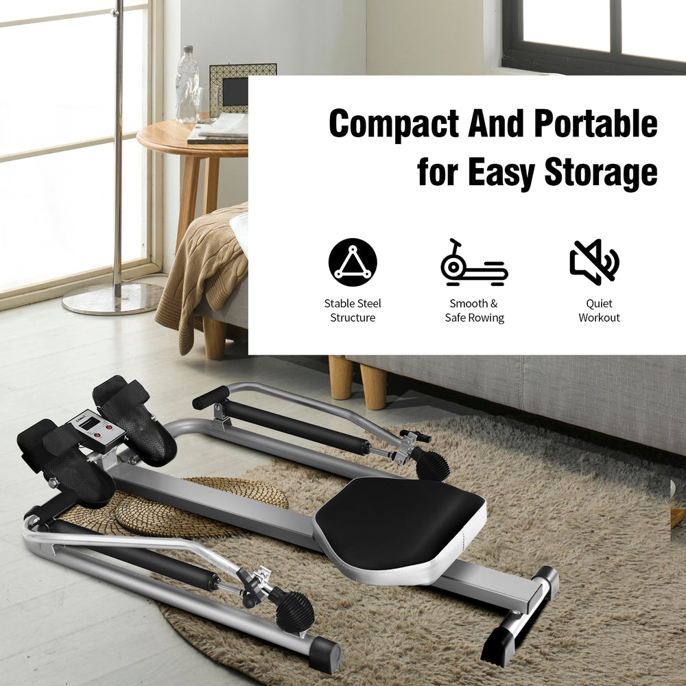 Adjustable double hydraulic resistance rowing machine with sturdy steel structure, compact design for easy storage.