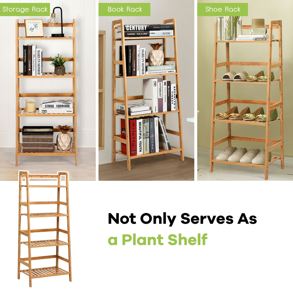 4-tier bamboo plant rack with guardrails, stable design, suitable for living room or kitchen, space-saving storage.
