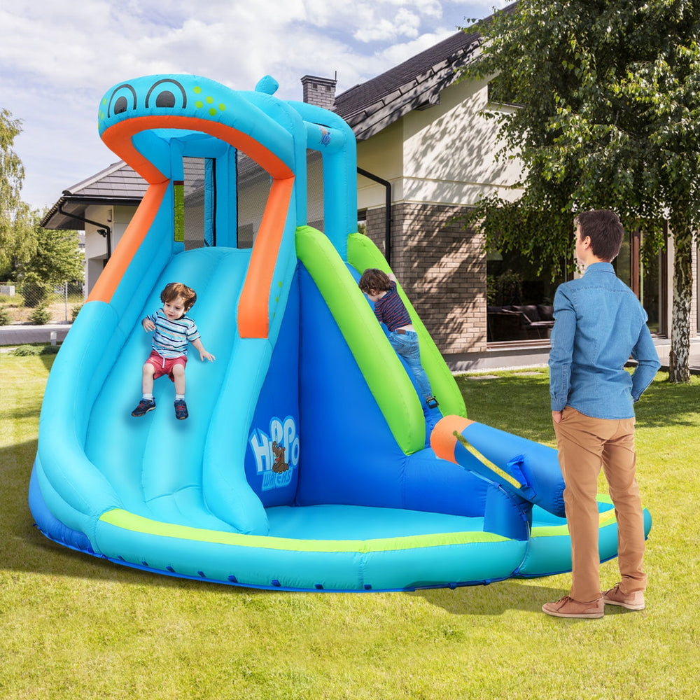 Inflatable hippo water pool with slide and splash area, perfect for kids' summer fun and safe playtime.
