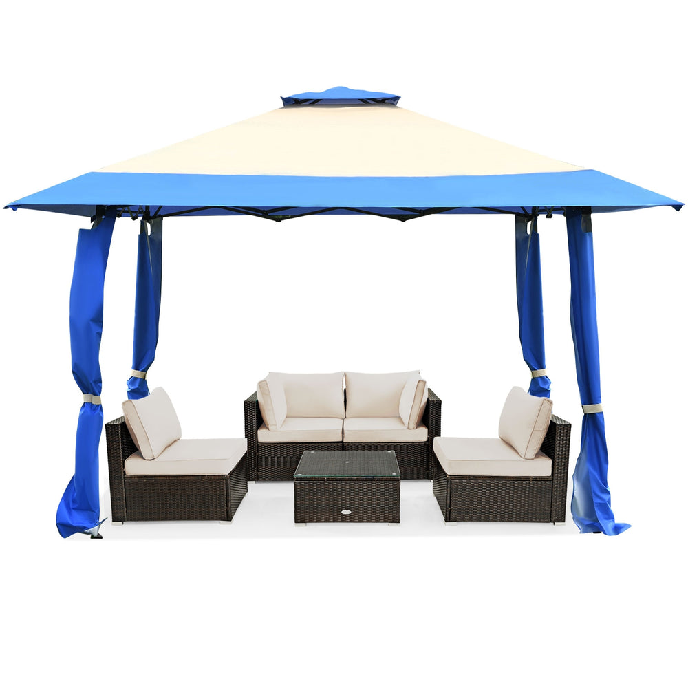 Pop-up canopy tent with blue top, 13' x 13' size, made of durable oxford fabric, ideal for outdoor gatherings and.