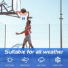 Action shot of a player dunking on an 18-inch red basketball rim with all-weather net, showcasing its robust design.
