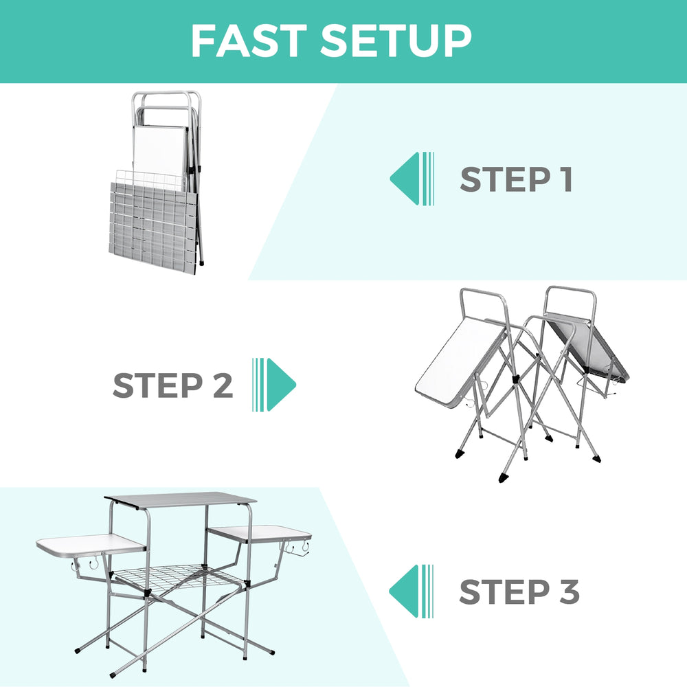 Foldable outdoor BBQ table with heat-resistant aluminum countertop, featuring side shelves and hooks for easy setup.