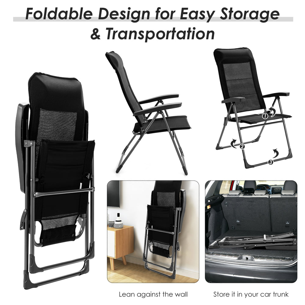 Portable black folding dining chair set with adjustable headrest, ideal for outdoor use and easy storage.