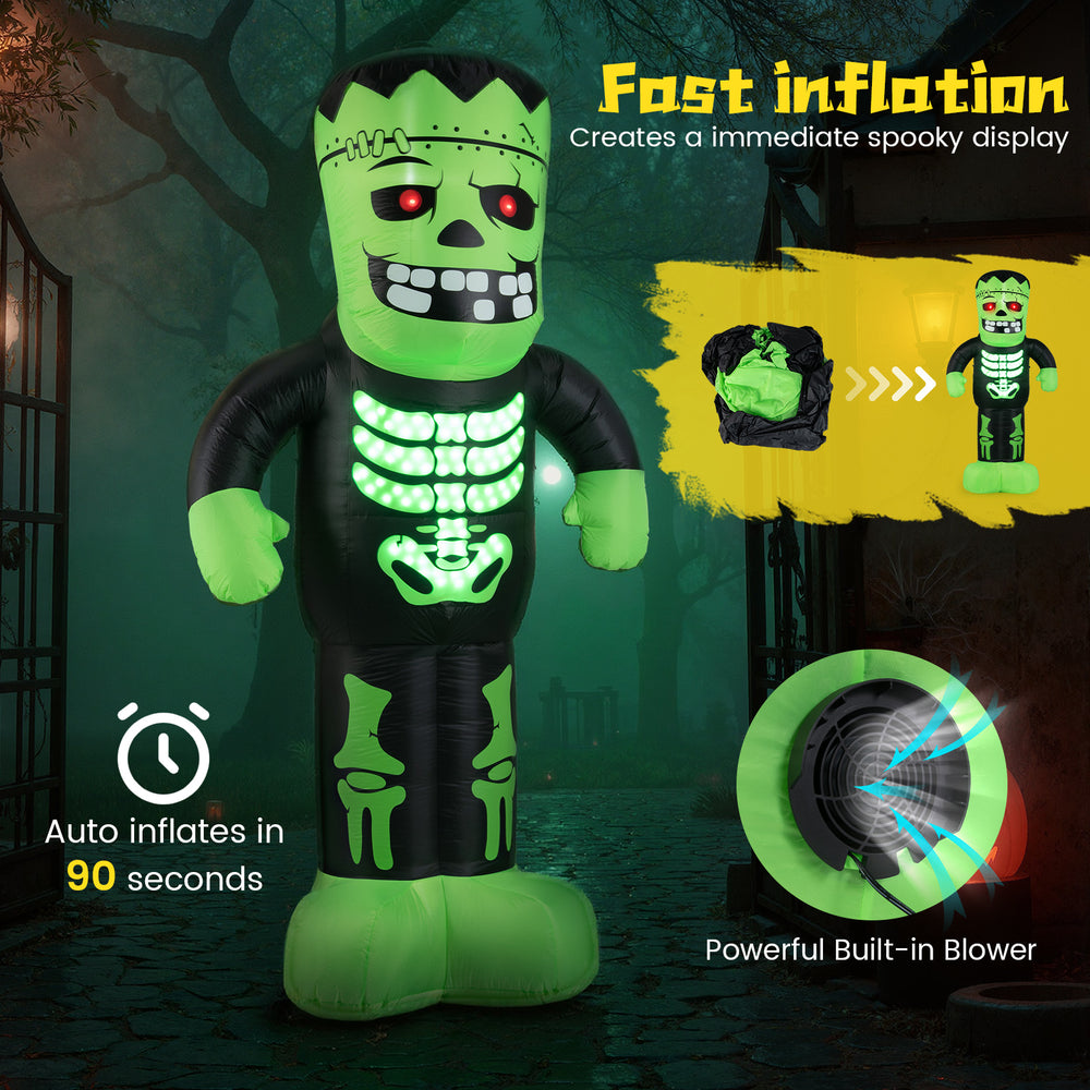 8.4 feet tall inflatable Frankenstein decoration with glowing eyes and LED rib cage, perfect for Halloween displays.