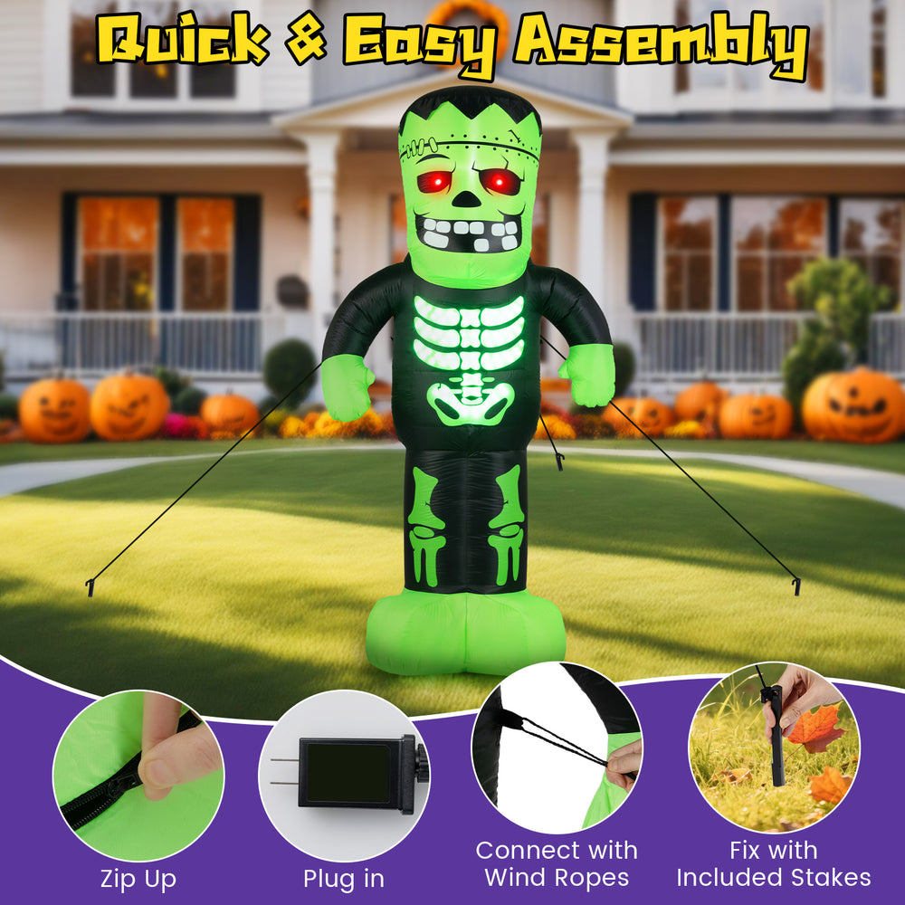 8.4 feet tall Halloween inflatable Frankenstein decoration with glowing red eyes, ideal for spooky outdoor displays.