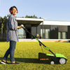 Electric scarifier in use, featuring a 12 Amp motor, collection bag, and adjustable depth for efficient lawn care.