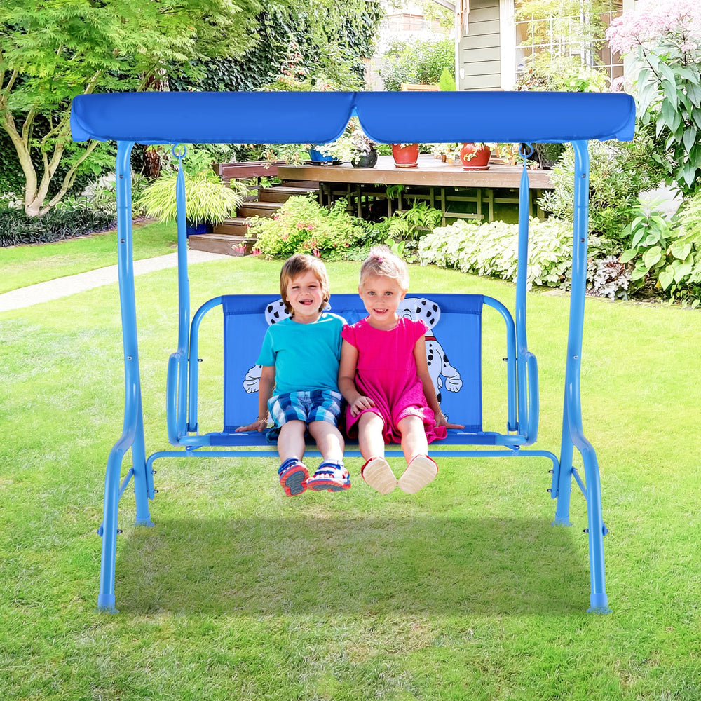 Outdoor kids patio swing bench with canopy, featuring a puppy pattern, suitable for two children aged 3 to 5 years.