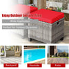 Red removable cushion on a 2-piece patio rattan wicker ottoman set, perfect for outdoor use in gardens and backyards.