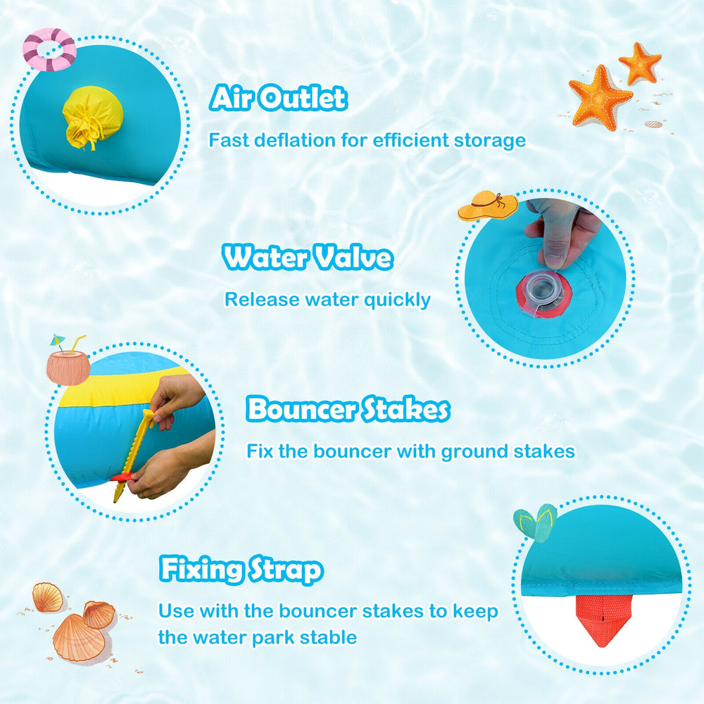 Inflatable water park bounce house features air outlet, water valve, and fixing strap for stability and easy storage.