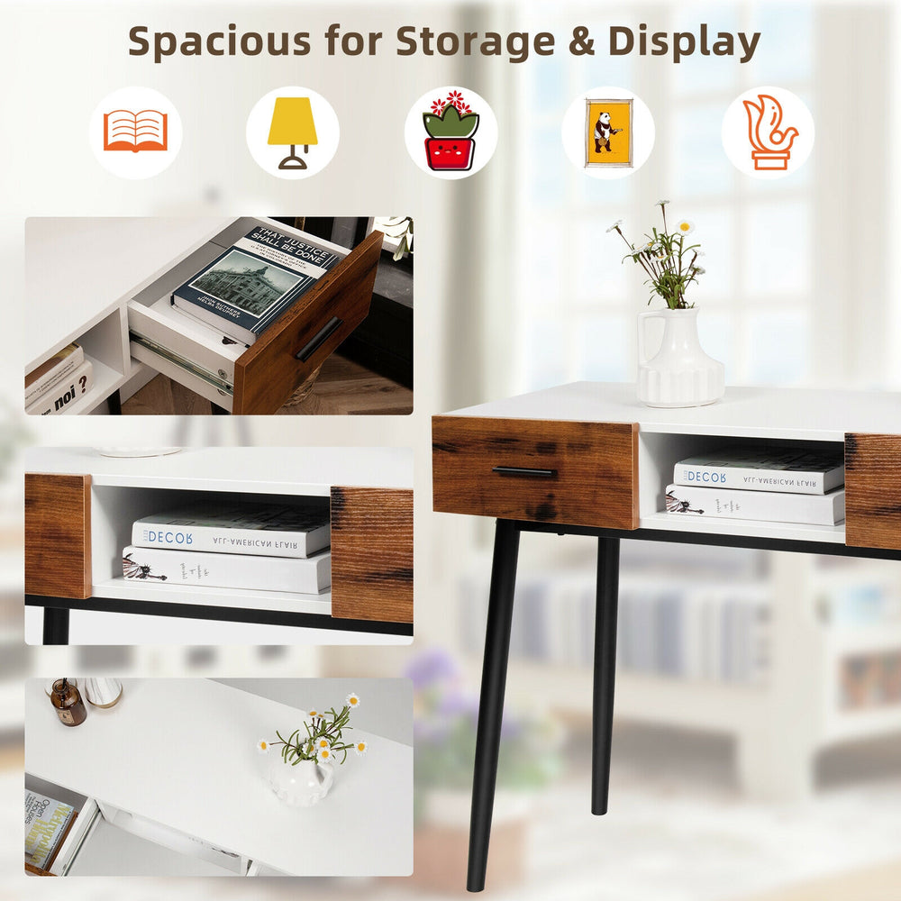 42-inch industrial console table with two drawers, featuring a sleek design for entryway storage and display.