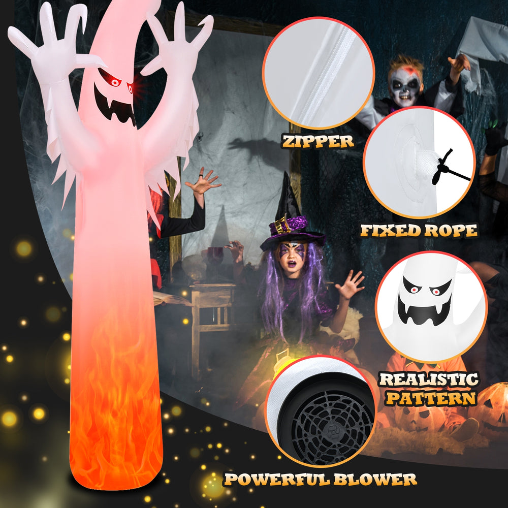 12-foot Halloween inflatable ghost decoration with LED lights, realistic patterns, and convenient blower for easy setup.