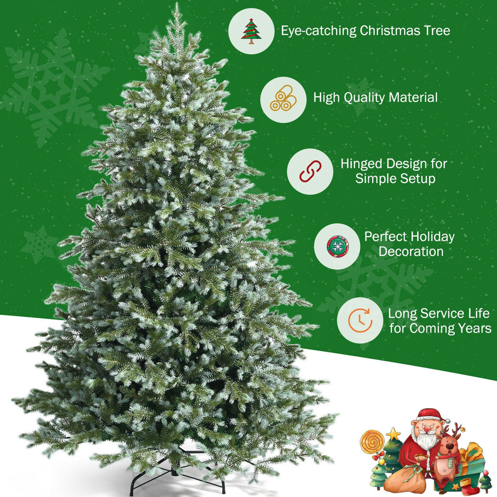 7-foot artificial Christmas tree with 1260 mixed PE and PVC tips, featuring a hinged design for easy setup and storage.