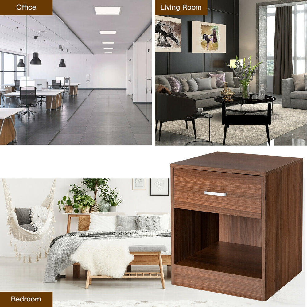 Brown nightstand featuring a storage drawer and open compartment, perfect for bedside or living room use.