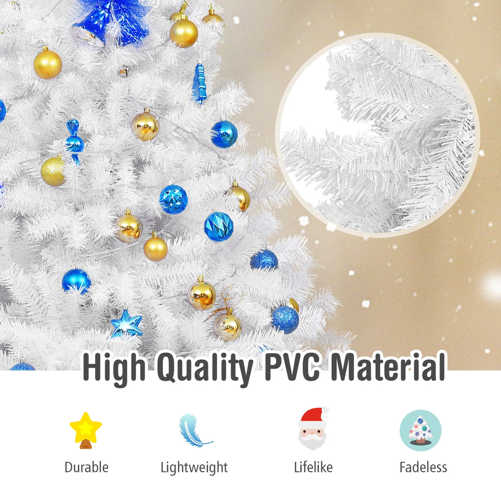 Hinged 7.5 ft artificial Christmas tree made of high-quality PVC, featuring thick branches for festive decoration.