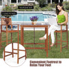 Acacia wood patio bar set featuring a spacious table and two comfortable stools with curved armrests and footrest.