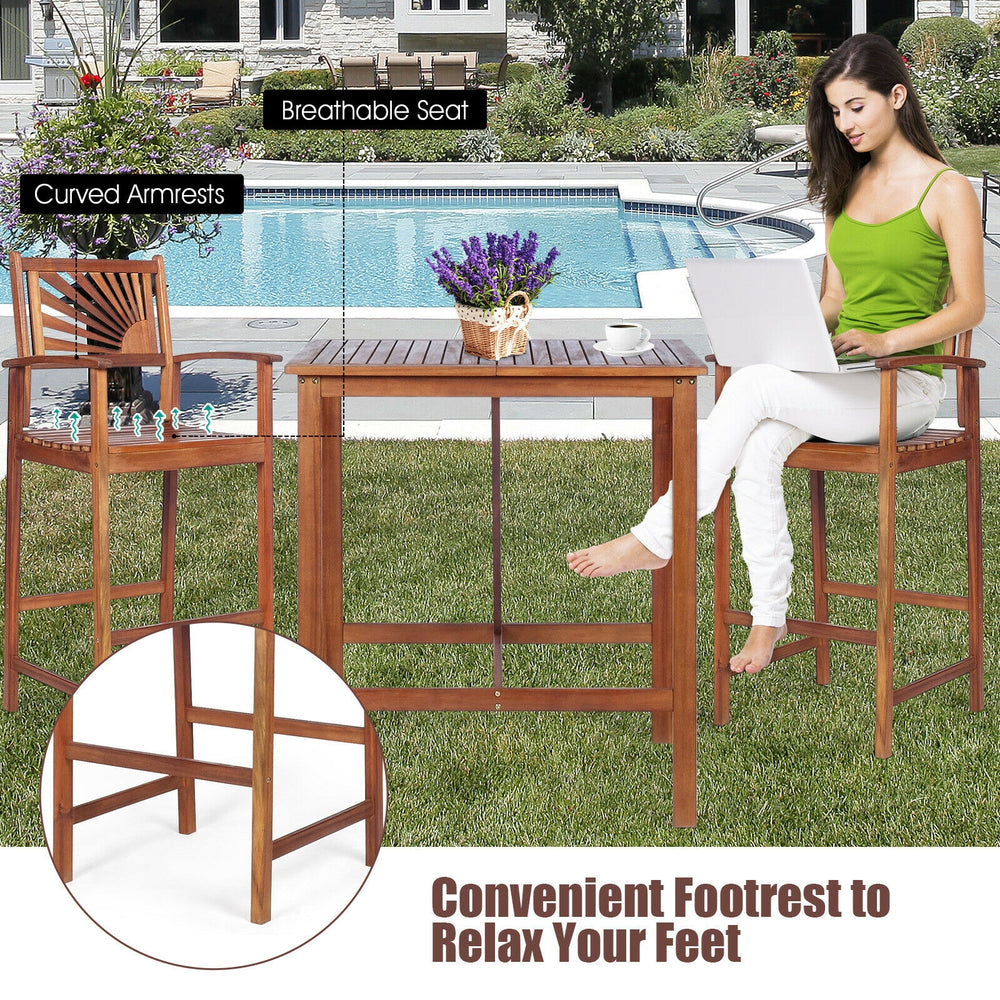 Acacia wood patio bar set featuring a spacious table and two comfortable stools with curved armrests and footrest.