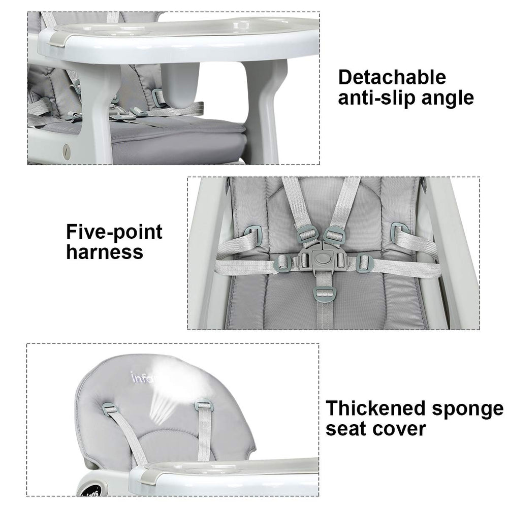 Detachable anti-slip angle and thickened sponge seat cover of the gray 3-in-1 baby high chair with safety harness.