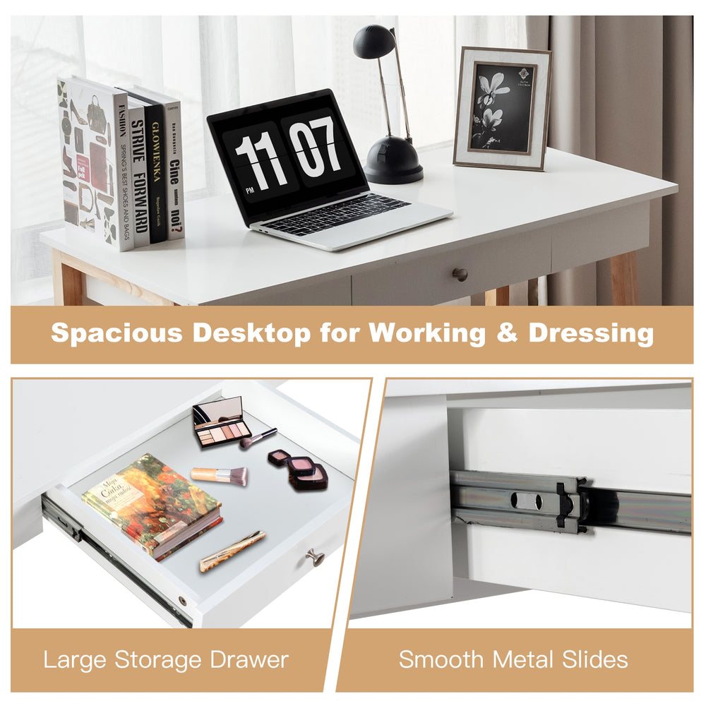 Spacious white computer desk with rubberwood legs, large storage drawer, ideal for work or makeup in any room.