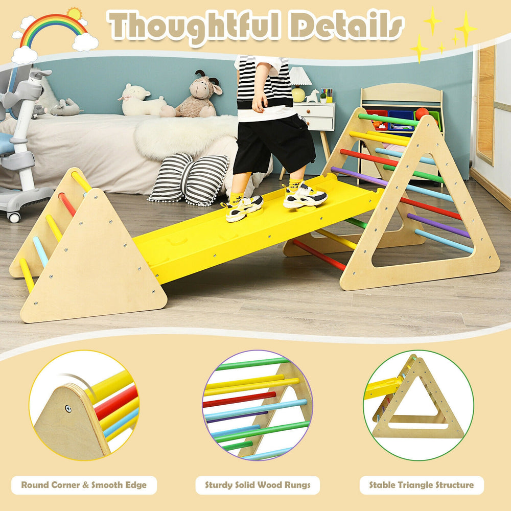 Wooden 3-in-1 triangle climber set with ramp, designed for kids' play and motor skill development, featuring smooth.