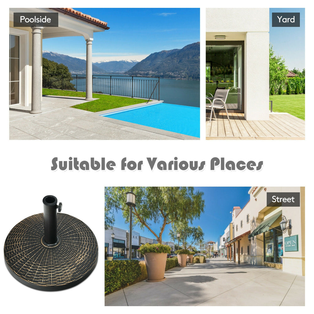 Patio market umbrella base stand with rattan design, 27 lbs, suitable for poolside, yard, or street use.